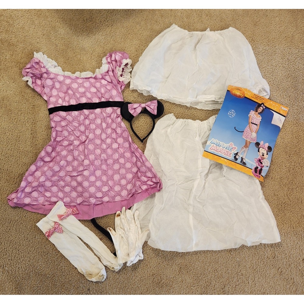 Disney Minnie Mouse Adult Costume Pink‎ Polka Dot Dress Ears Gloves Socks Large